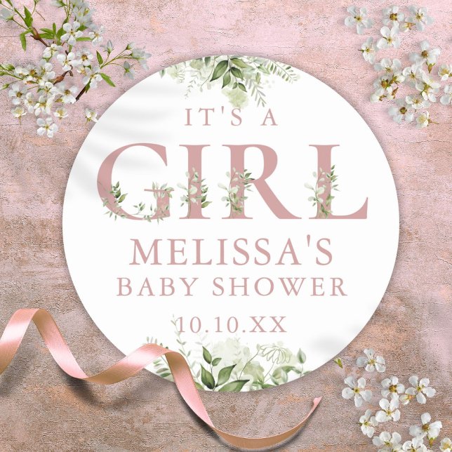 Its A Girl Dusty Rose Pink Greenery Baby Shower Classic Round Sticker (Its A Girl Dusty Rose Pink Greenery Baby Shower Classic Round Sticker)