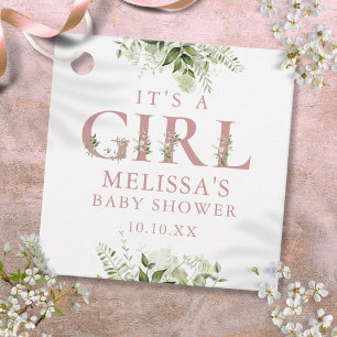 Its A Girl Dusty Rose Pink Greenery Baby Shower Favour Tags