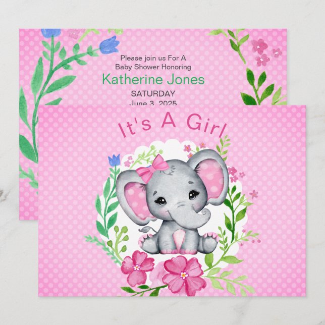 It's a Girl Elephant Baby Shower Invitation (Front/Back)
