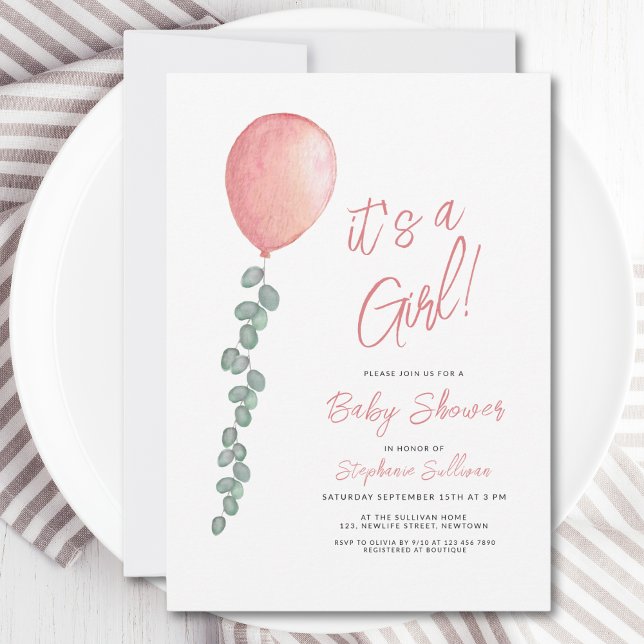 Its A Girl Eucalyptus Greenery Balloon Baby Shower Invitation (Creator Uploaded)