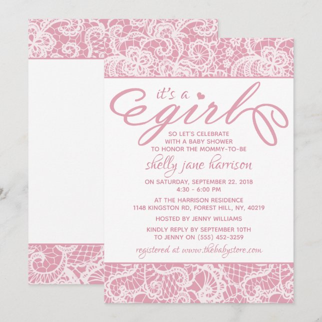 It's a Girl! Fancy Pink & White Lace Baby Shower Invitation (Front/Back)
