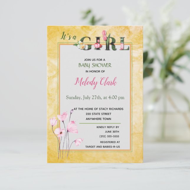 It's A Girl Floral Alphabet Baby Shower Invitation (Standing Front)