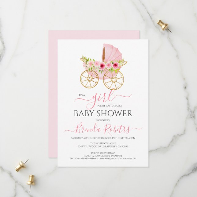 It's a girl floral baby crib save the date (Front/Back In Situ)