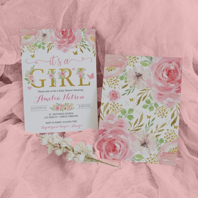It's A Girl Floral Butterfly Baby Shower Invite (Creator Uploaded)