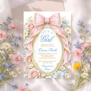 It's a Girl Floral Pink Bow Coquette Baby Shower Invitation