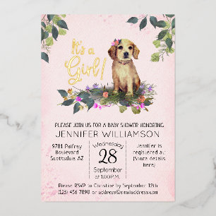 It's a Girl! Floral Puppy Watercolor Baby Shower