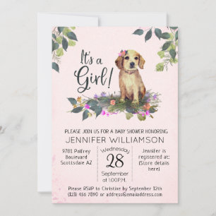 It's a Girl! Floral Puppy Watercolor Baby Shower Invitation