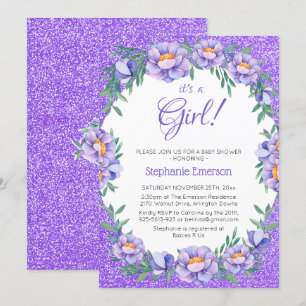 Its A Girl Floral Purple Glitter Baby Shower Invitation