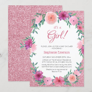 Its A Girl Floral Rose Gold Glitter Baby Shower Invitation