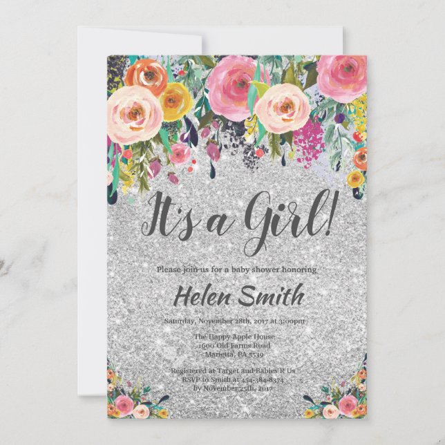 It's A Girl Floral Silver Glitter Baby Shower Invitation (Front)