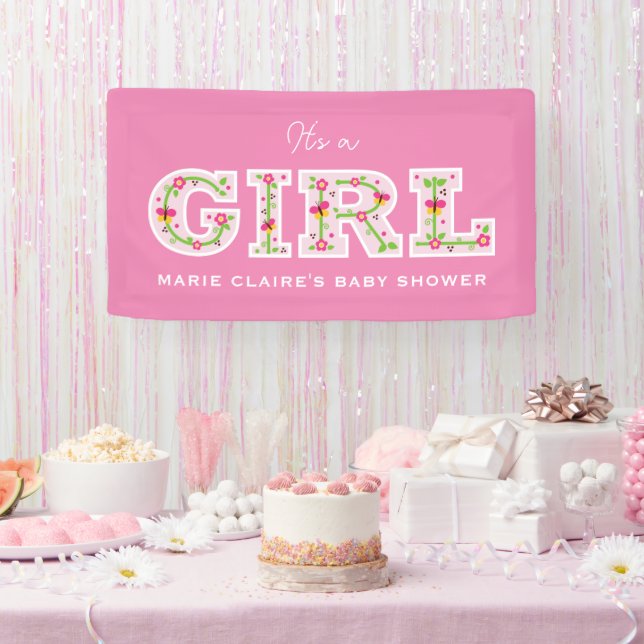 it's a girl, flowers and butterflies baby shower banner (Party)