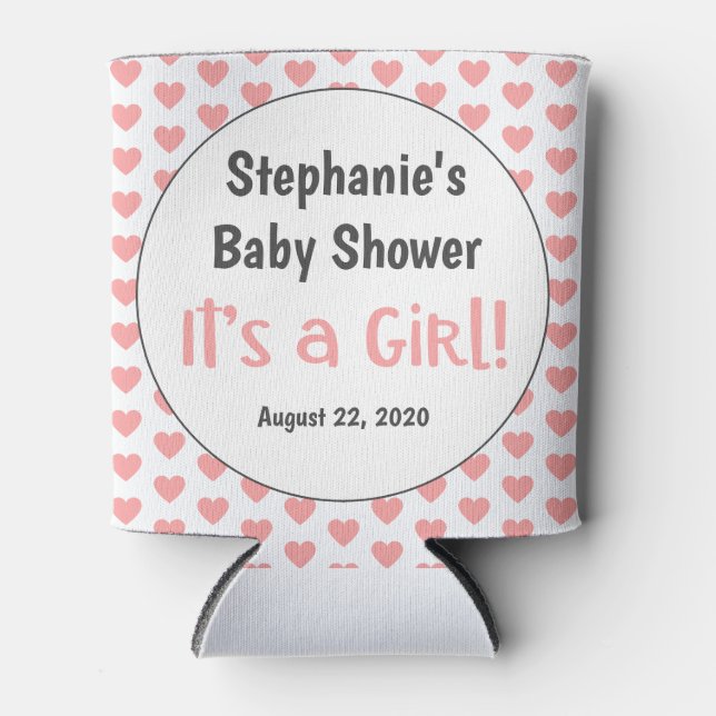 It's a Girl! Fun Pink Hearts Custom Baby Shower Can Cooler (Front)