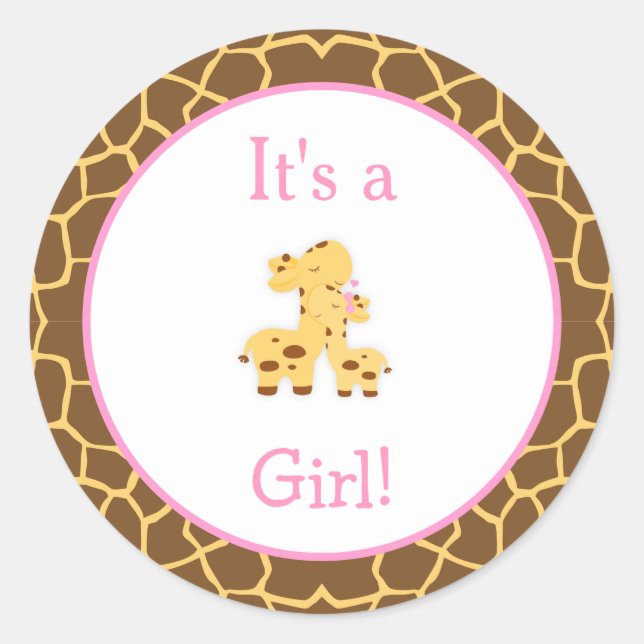 It's a Girl Giraffe Baby Shower Classic Round Sticker (Front)