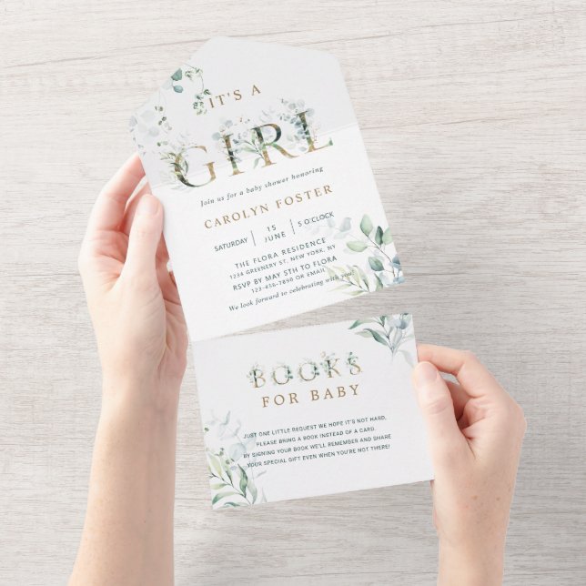 It's a Girl Gold Baby Shower | Books For Baby All In One Invitation (Tearaway)