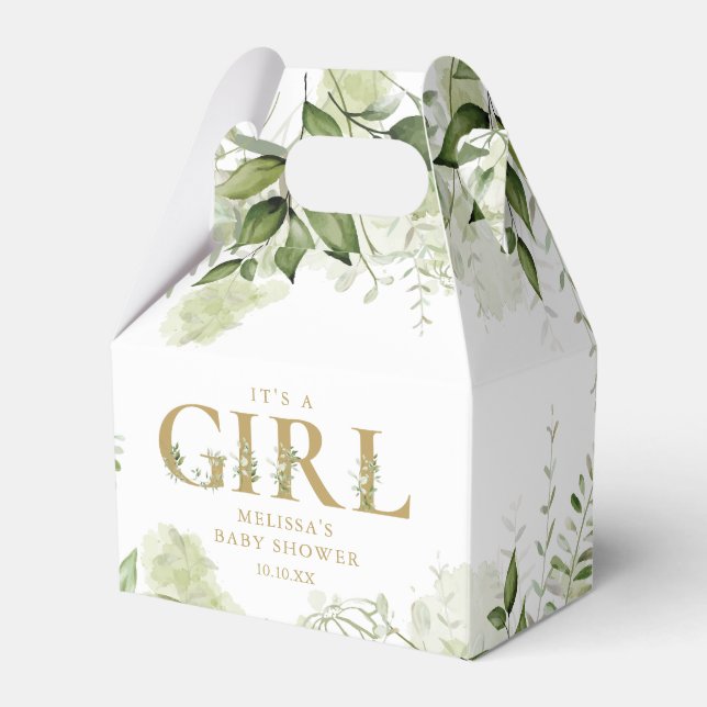 Its A Girl Greenery Botanical Gold Baby Shower Favor Box (Front Side)