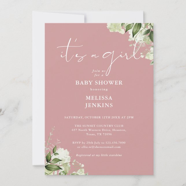 Its A Girl Greenery Dusty Rose Baby Shower Invitation (Front)
