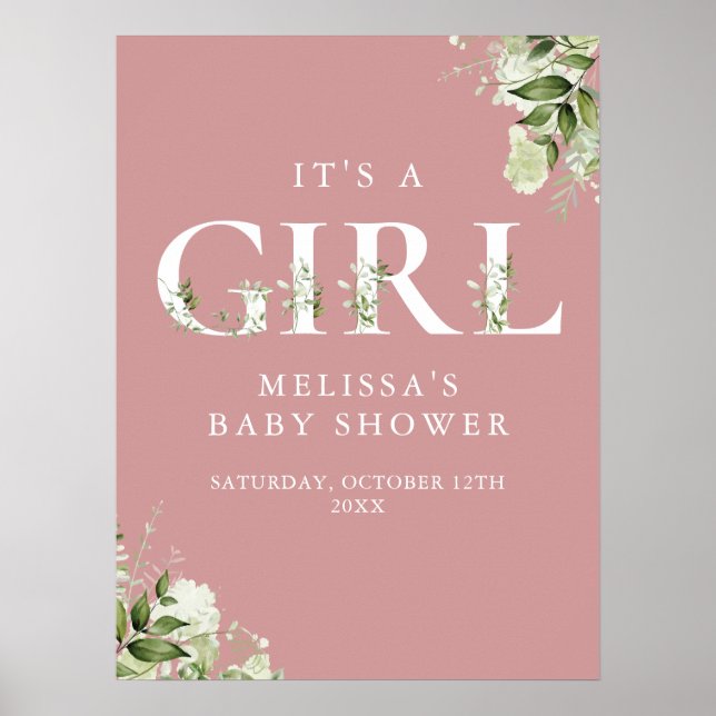 Its A Girl Greenery Dusty Rose Baby Shower Sign (Front)
