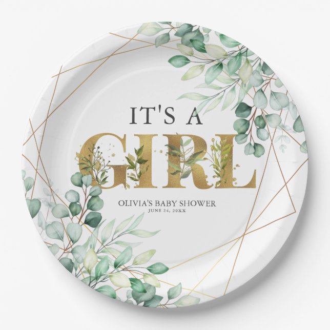 Its a Girl Greenery Eucalyptus Gold Baby Shower Paper Plate (Front)