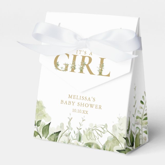 Its A Girl Greenery Foliage Gold Baby Shower Favor Box (Front Side)