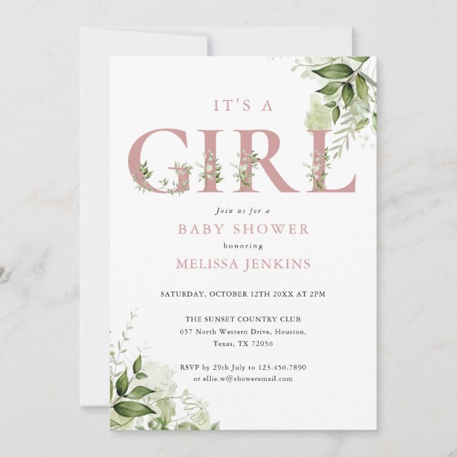 Its A Girl Greenery Pink All In One Baby Shower In Invitation (Front)