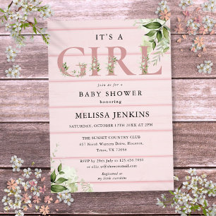 Its A Girl Greenery Pink Rustic Wood Baby Shower Invitation