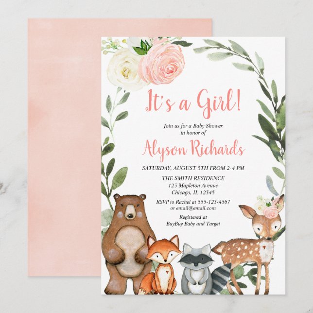 It's a girl greenery woodland forest baby shower invitation (Front/Back)
