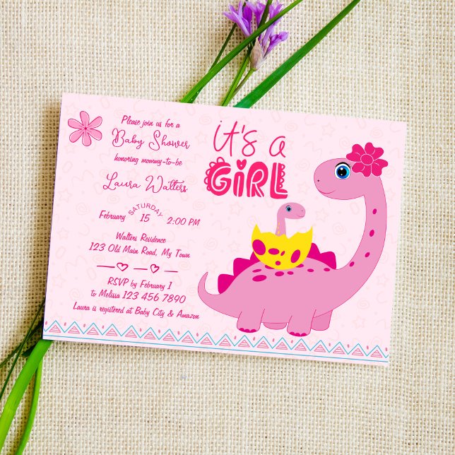 It's a girl hatching soon dinosaur mom baby shower invitation (Creator Uploaded)