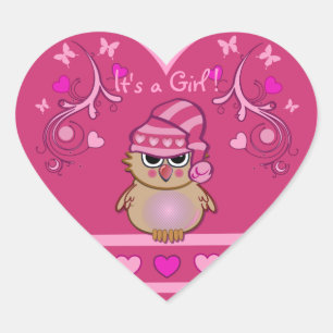 It's a Girl Heart-shaped sticker with Baby Owl