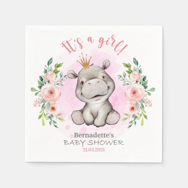 It's a girl Hippo Baby Shower Napkins (Front)