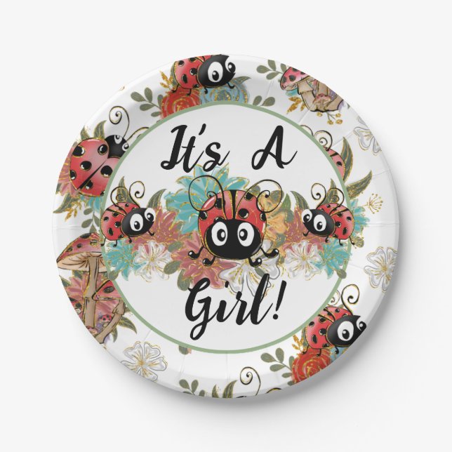 It's A Girl Ladybug Baby Shower Plates, Tableware. Paper Plate (Front)