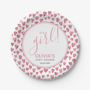 It's A Girl Love Heart Baby Shower Paper Plate
