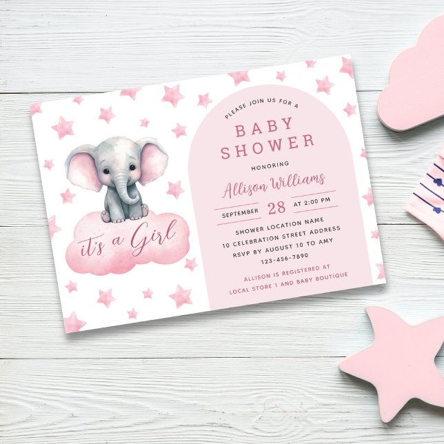 Its a Girl | Modern Pink Elephant Girl Baby Shower Invitation (Creator Uploaded)