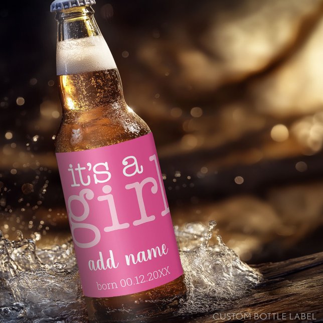 It's A Girl - Modern, Whimsical pink Beer Bottle Label (Custom Beer Bottle Label)