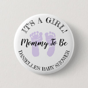 Its a Girl Mom To Be Purple Footprints Button