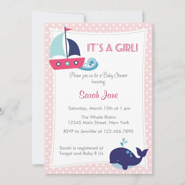It's A Girl Nautical Sailboat Baby Shower Invite (Front)