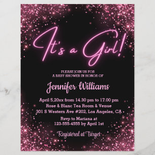 It's A Girl Neon Pink & Black Glitter Baby Shower Flyer