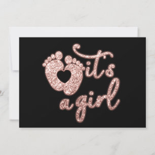  It's A Girl New Baby Rose Glitter Feet Black Invitation
