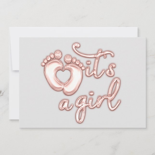  It's A Girl New Baby Rose Grey Ballon Heart Feet  Invitation (Back)