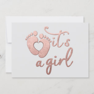  It's A Girl New Baby Rose Grey Pastel Heart Feet Invitation
