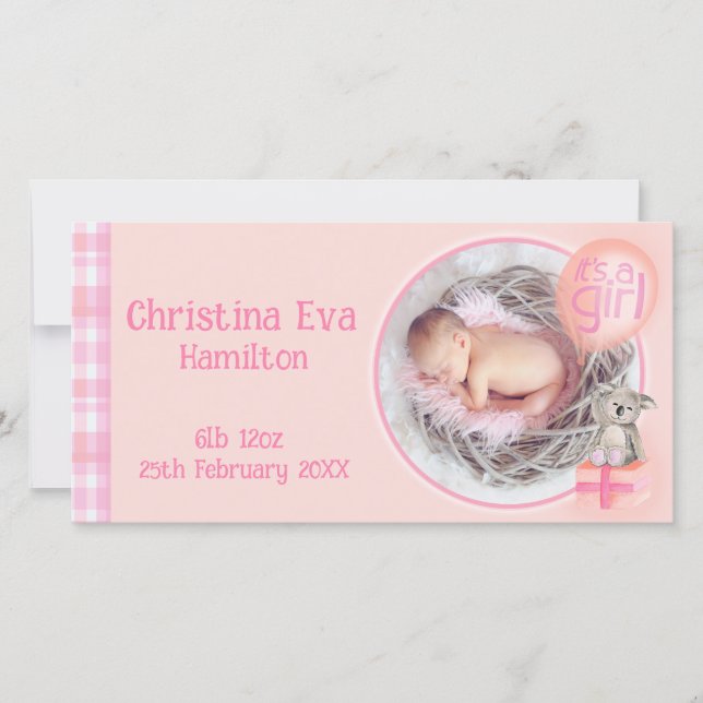 "It's a girl" newborn baby announcement card (Front)
