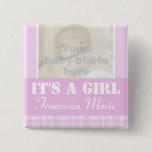 "It's a girl" newborn photo and name lillac badge 2 Inch Square Button