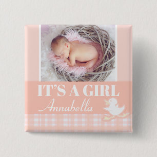 "It's a girl" newborn photo and name peach badge 2 Inch Square Button