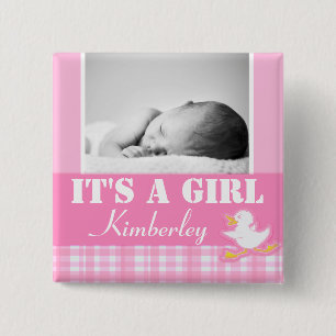 "It's a girl" newborn photo and name pink badge 2 Inch Square Button