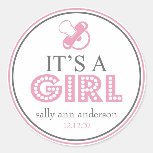 It's A Girl Pacifier Favour Sticker (Pink / Grey) (Front)