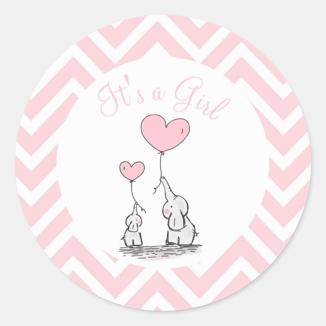 Its a Girl Pastel Baby Elephant with Heart Custom Classic Round Sticker (Front)