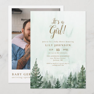 Its A Girl Pine Forest Photo QR Code Baby Shower Invitation