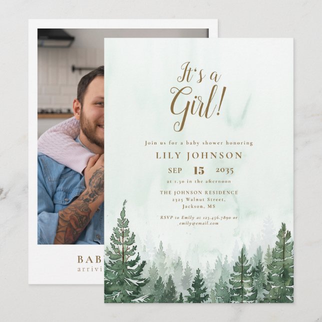 Its A Girl Pine Tree Forest Baby Shower Photo Invitation (Front/Back)