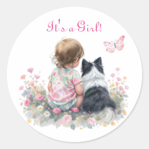 It's a Girl   Pink Baby and Puppy Baby Shower Classic Round Sticker