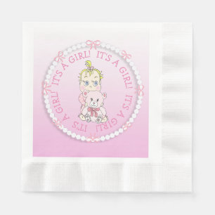 It's a Girl Pink Baby and Teddy Bear Baby Shower Napkin