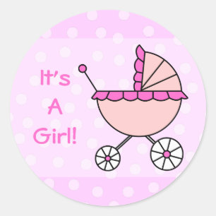 It's A Girl! Pink Baby Carriage Classic Round Sticker